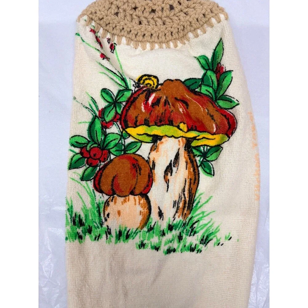Vintage Mushroom Hanging Kitchen Hand Towels Crocheted 1970s Grannycore Pair